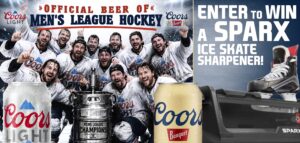 Coors Light banner featuring a celebrating men's hockey team, beer cans, and a contest to win a Sparx ice skate sharpener.