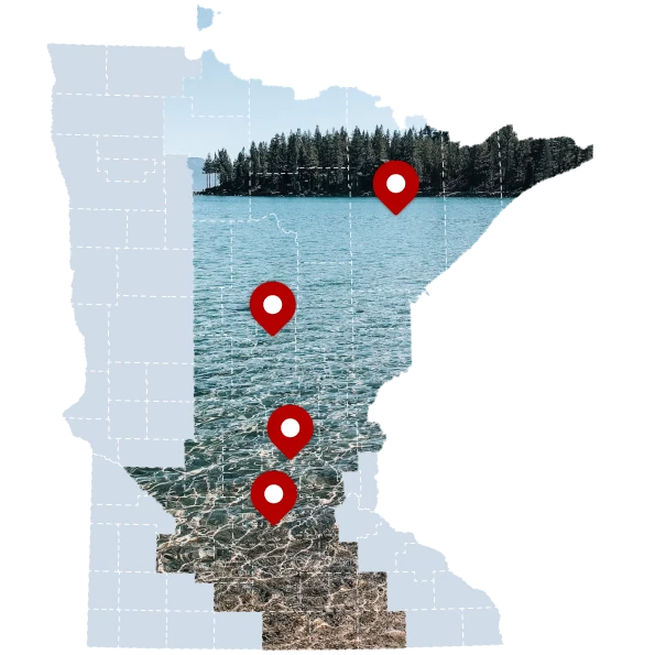 Map of Minnesota showing the Dahlheimer service area and four warehouse locations