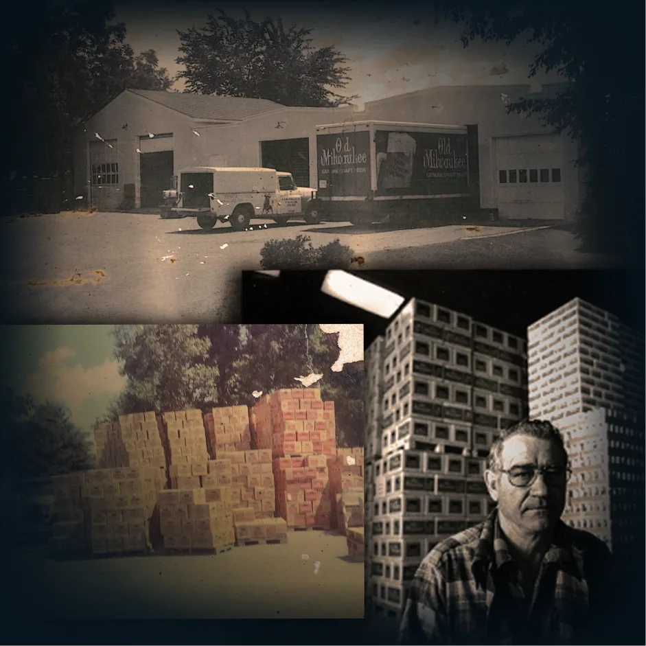 Archival photos of the original Dahlheimer Beverage warehouse, an early delivery truck, and founder Merle Dahlheimer