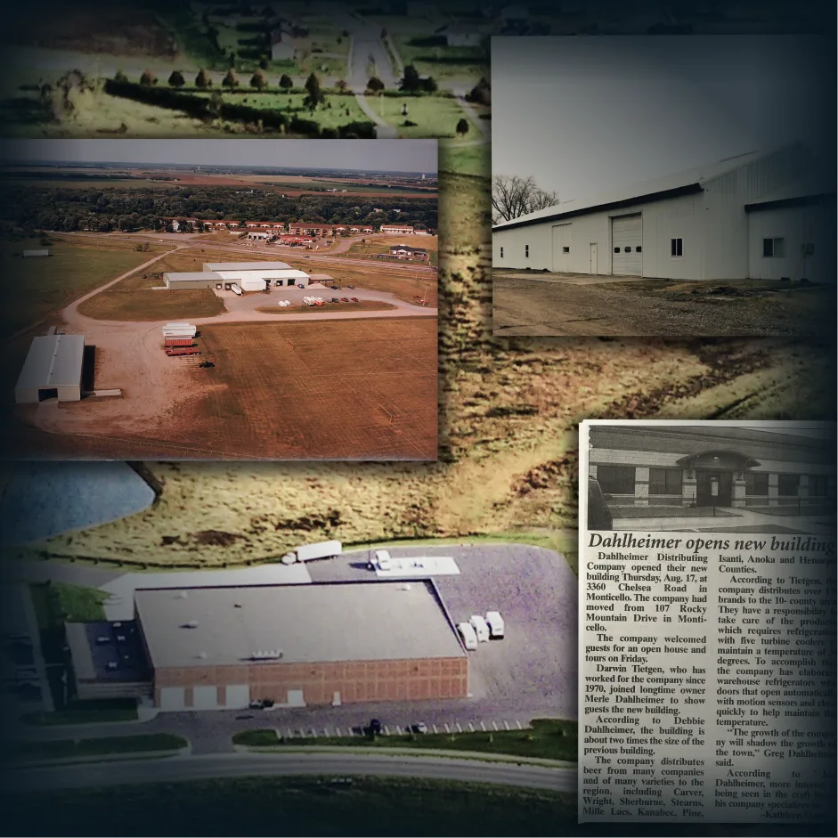 Aerial views of the Dahlheimer Beverage facility under construction, alongside a newspaper clipping announcing the new building